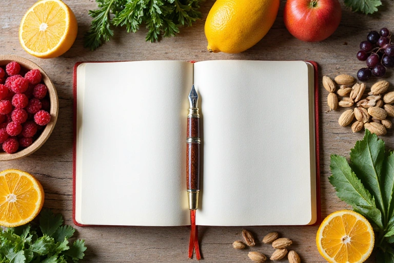 Open notebook with a pen, surrounded by healthy ingredients like fruits, vegetables, and nuts, suggesting learning and healthy cooking.