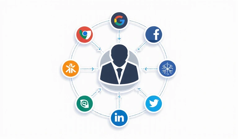 Icons representing various third-party services like Google, Facebook, Twitter, linked by lines to a central website icon