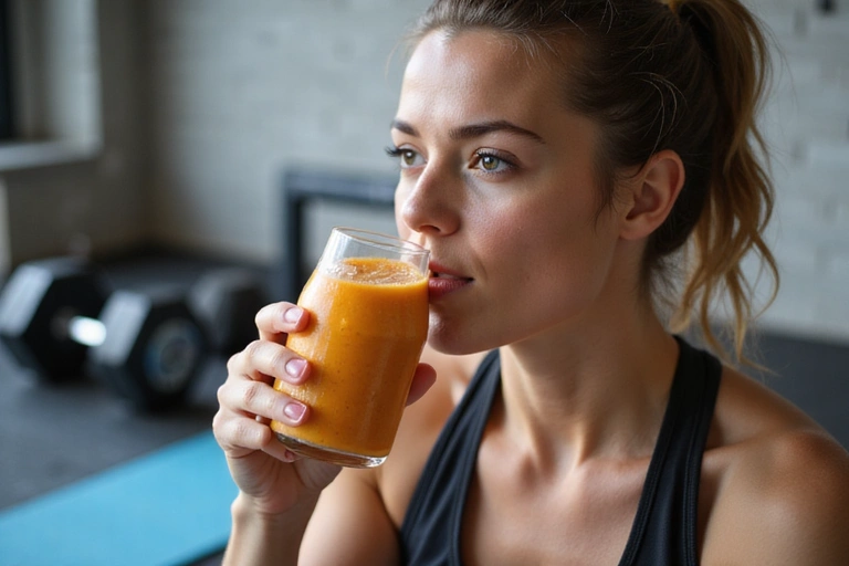 An athlete drinking a smoothie after a workout, with sports equipment like weights and a yoga mat in the background. The athlete looks strong and healthy.